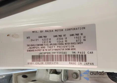 2021 Mazda Mazda3 Premium z USA, uszkodzony, nr VIN JM1BPBML2M1339380